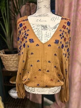 Free People Music In Time Boho Balloon Sleeve Embroidered Blouse Size S
